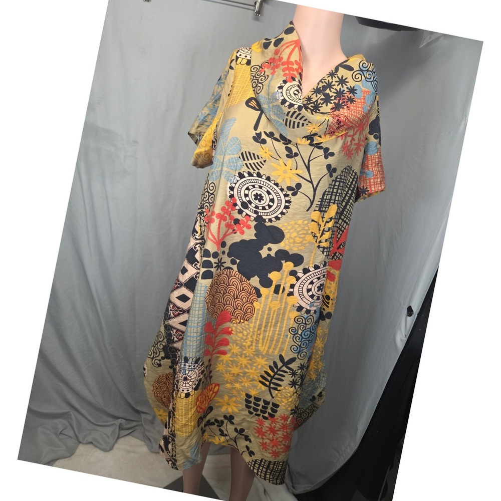Shana Patchwork Boho Cowl Neck Kaftan Women L Multicolor Abstract Artistic Print